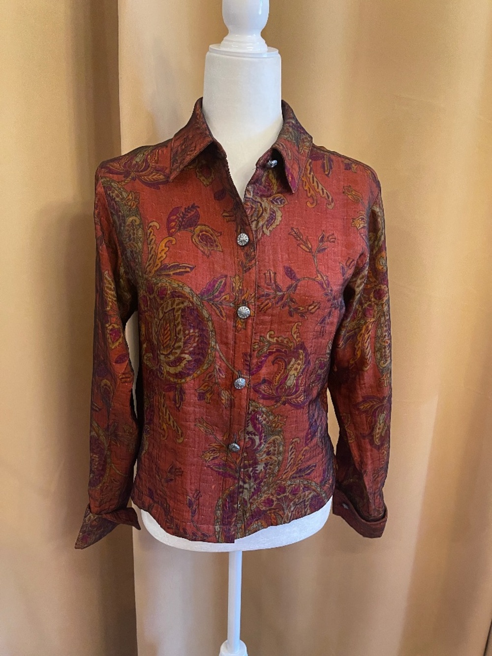 NEW! Double D Ranch Rust Paisley Cuffed Button Blouse Size XS
